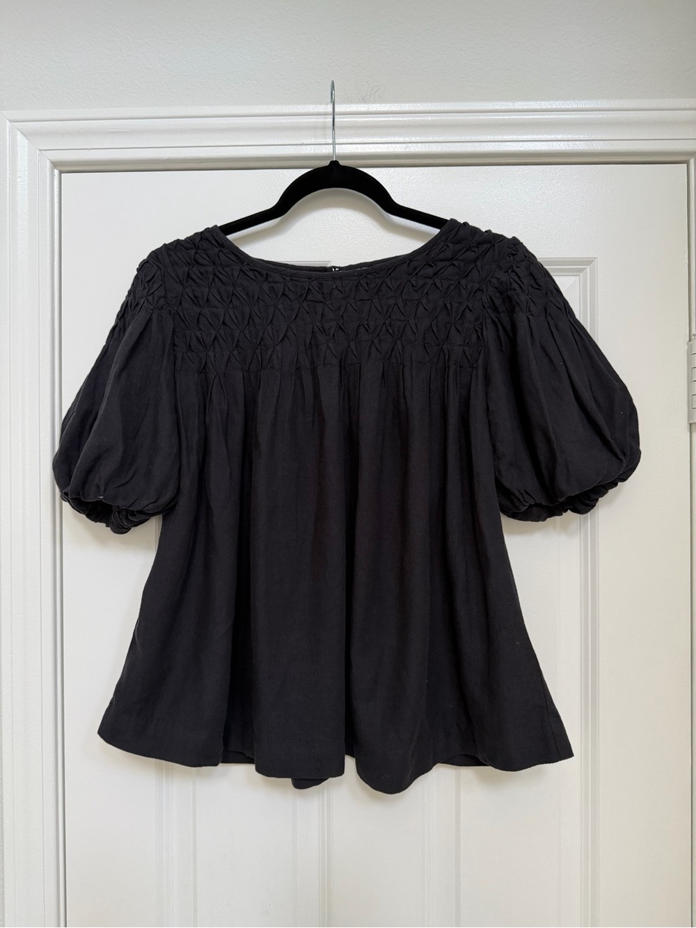 Anthropologie Black The Liza Puff-Sleeve Smocked Linen Top(runs big)